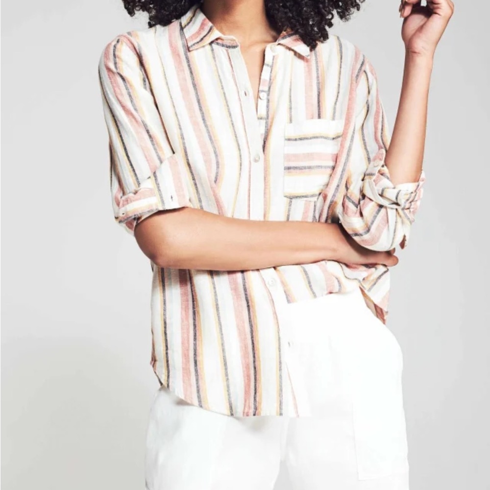Faherty Del Mar Button Down Shirt Joan Stripe Large Cotton Linen Summer Beach